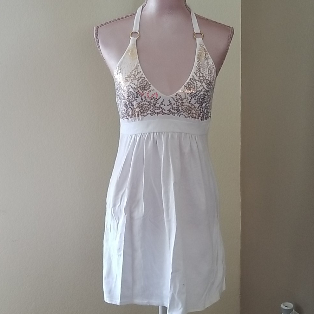 White halter dress with gold sequins